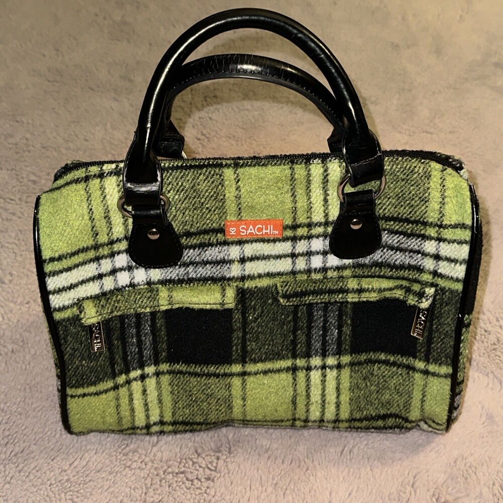 SACHI Insulated Lunch Bag Cooler Double Handle Cooler Green Flannel Plaid NEW